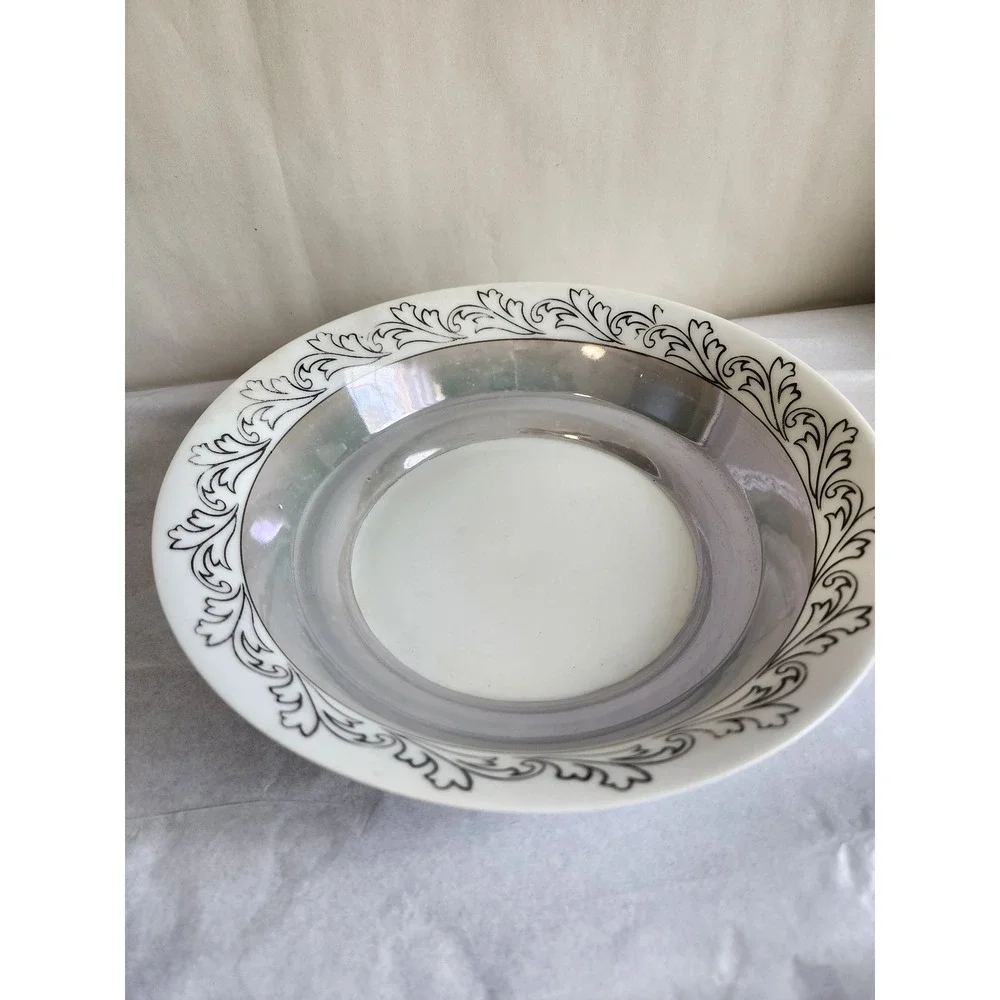 Vintage RS Germany Porcelain Lusterware Bowl Black Scroll Leaf Iridescent White